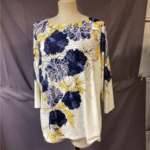 Charter Club Floral Print Blouse - Navy and Yellow
